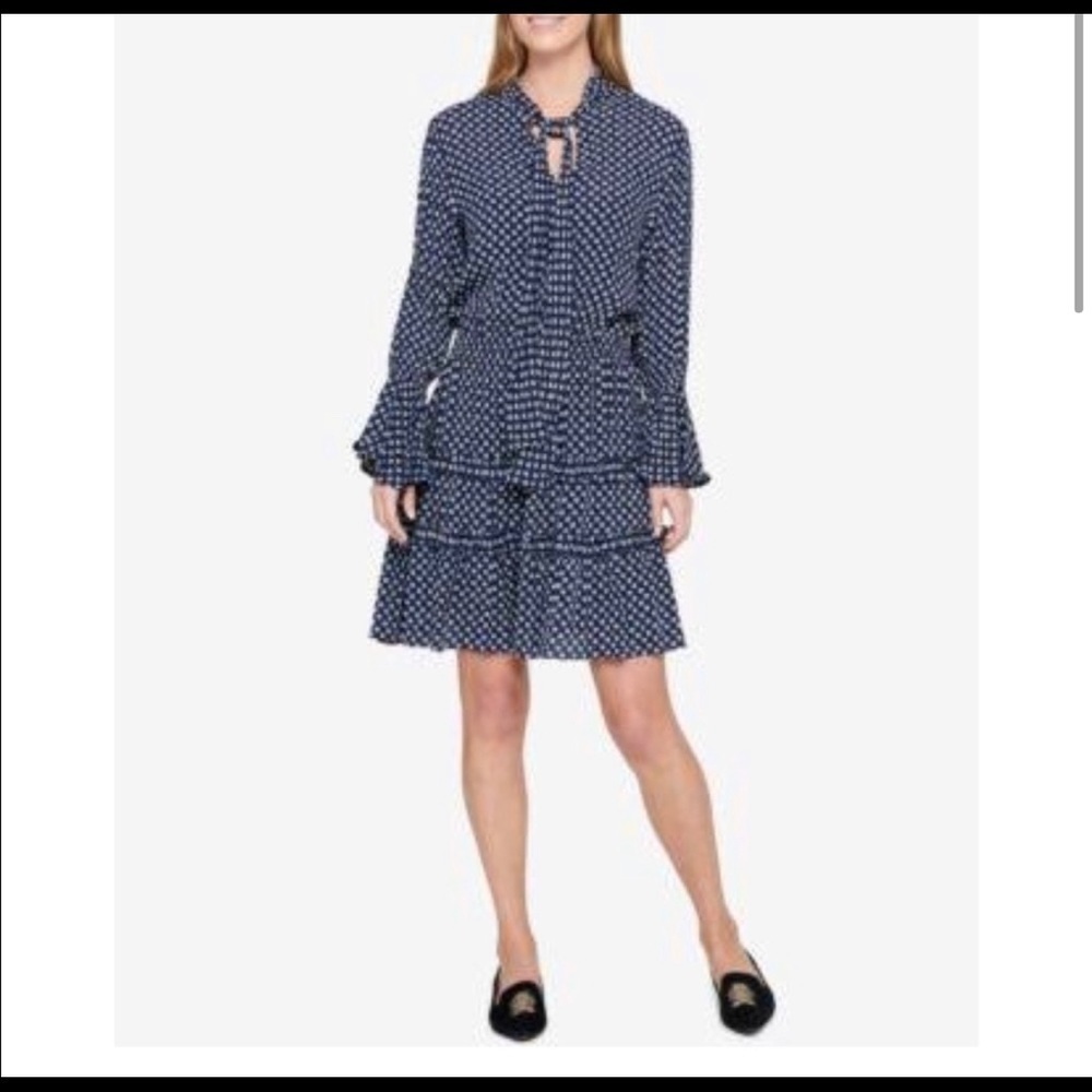 Tommy Hilfiger navy ruffle tie neck floral dress